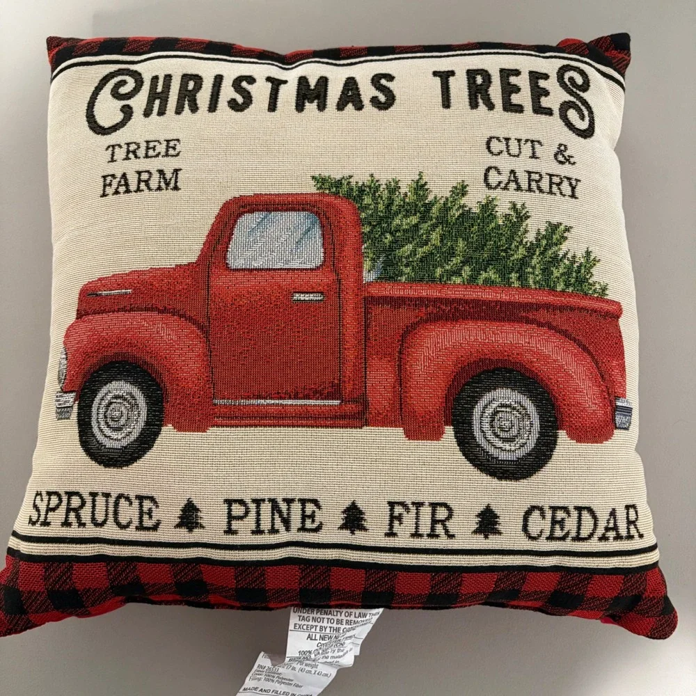 Christmas Trees Red Truck Farm Rustic‎ Holiday Decorative Pillow Accent 17x17